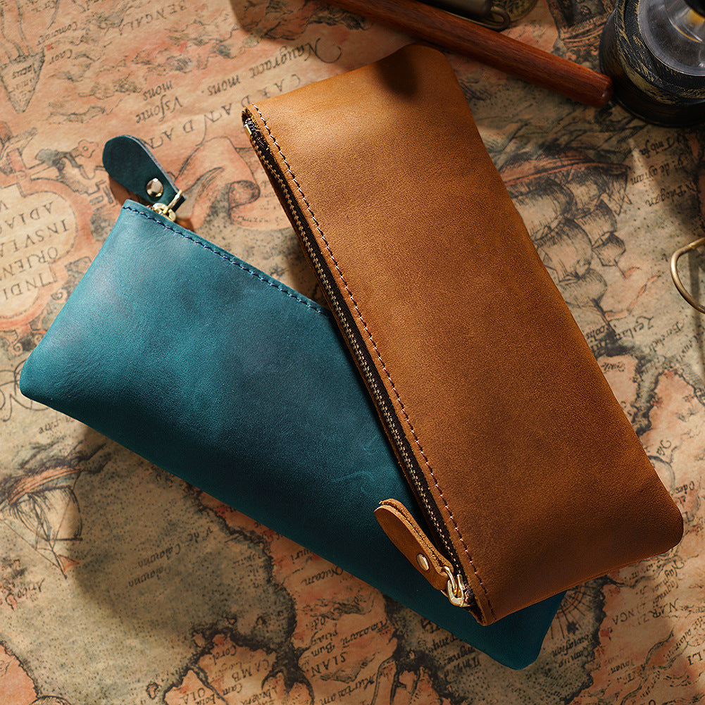 L-10-Leather Zipper Simple Small Pen Pouch